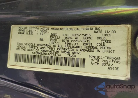 2001 Toyota Tacoma Prerunner z USA, uszkodzony, nr VIN 5TENM92N41Z748713
